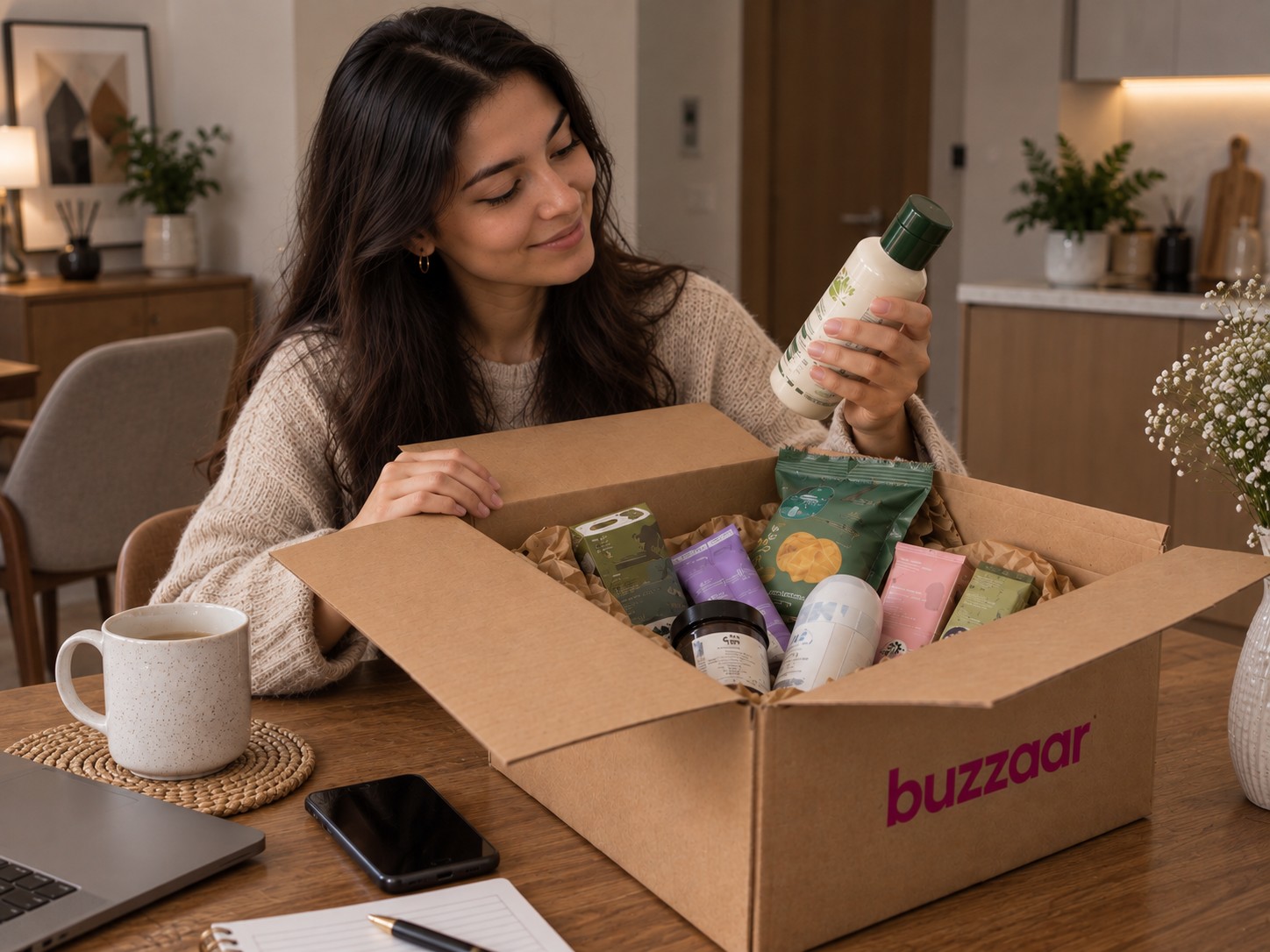 Өнімдер ұқыпты орналастырылған брендтелген Buzz-Kit ашу сәті